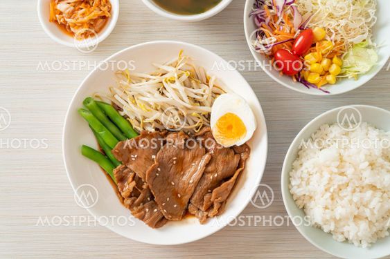 stir-fry Teriyaki Pork with sesame seeds ,mung bean...
