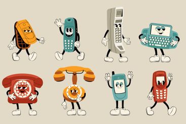 Retro phone characters. Cartoon vintage telephone...