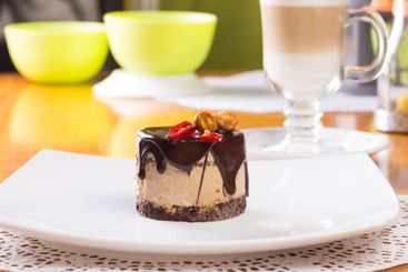 Round mini chocolate souffle cake close up