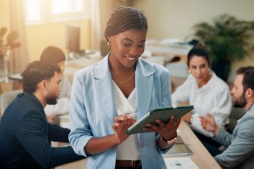 Planning, smile or businesswoman in meeting on tablet...