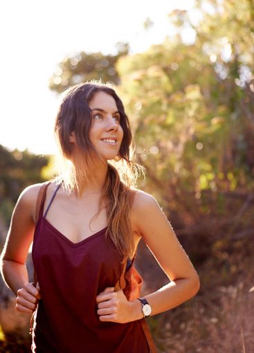 Thinking, travel and relax with woman in nature for...