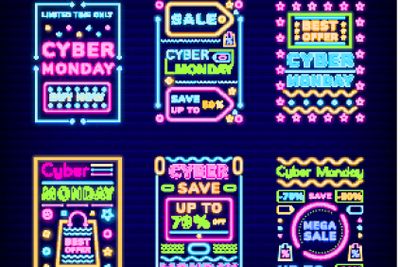 Cyber Monday Neon Signs of Discounts Sale Set