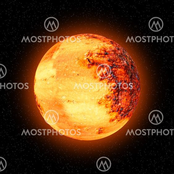 Orange sphere: planet, moon or sun.