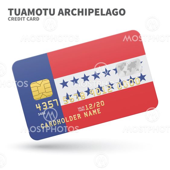 Credit card with Tuamotu Archipelago flag background for bank, presentations and business. Isolated on white