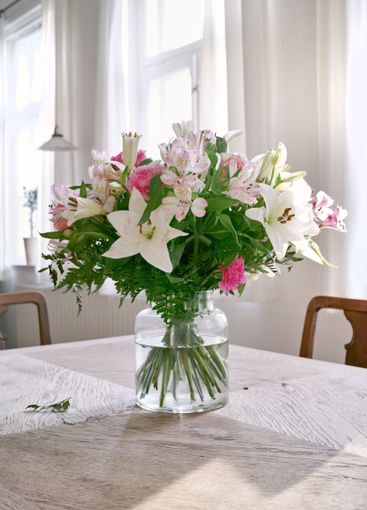 Bouquet, decor and flowers in vase, home and...