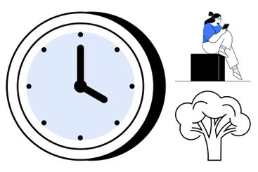 Clock with Woman Sitting and Using Tablet Near Tree...