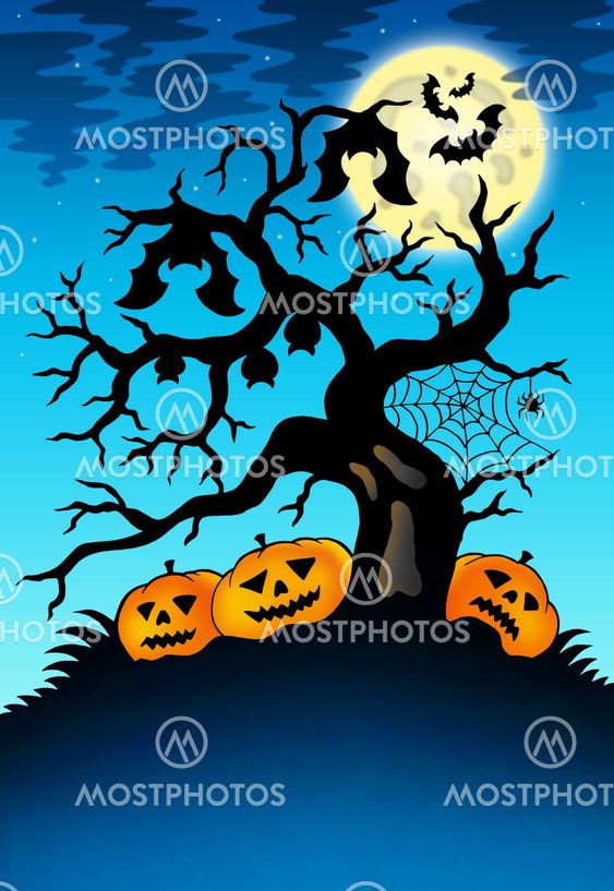 Spooky tree with bats and pumpkins