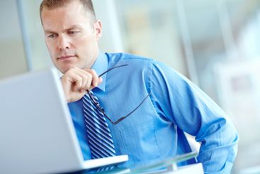 Business, thinking and man with laptop, investment and...