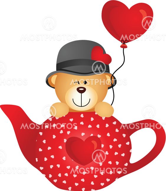 Teddy bear in red tea pot with heart balloon