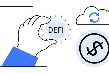 Hand holding DeFi token, dollar sign icon, and cloud...