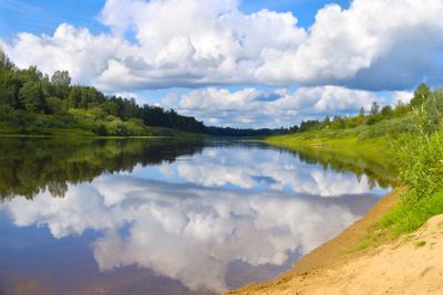 River Landscape with blue Sky and Clouds mirror...