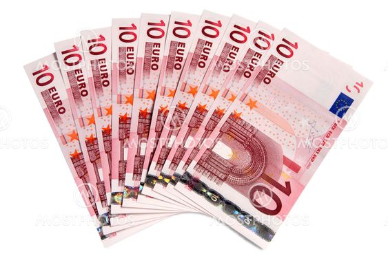 10 Euros notes fanned out on a white background.