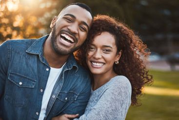 Love, couple and portrait at park together for romantic...