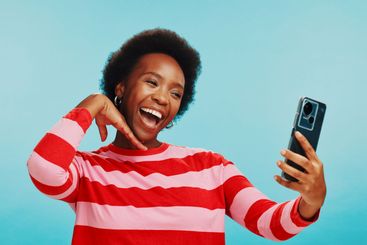 Black woman, happy and selfie in studio, fashion and...