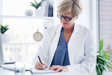 Woman, doctor and writing with script for medical...