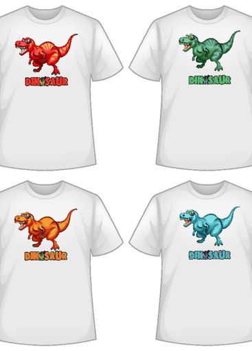 Set of different colour dinosaur screen on t-shirts