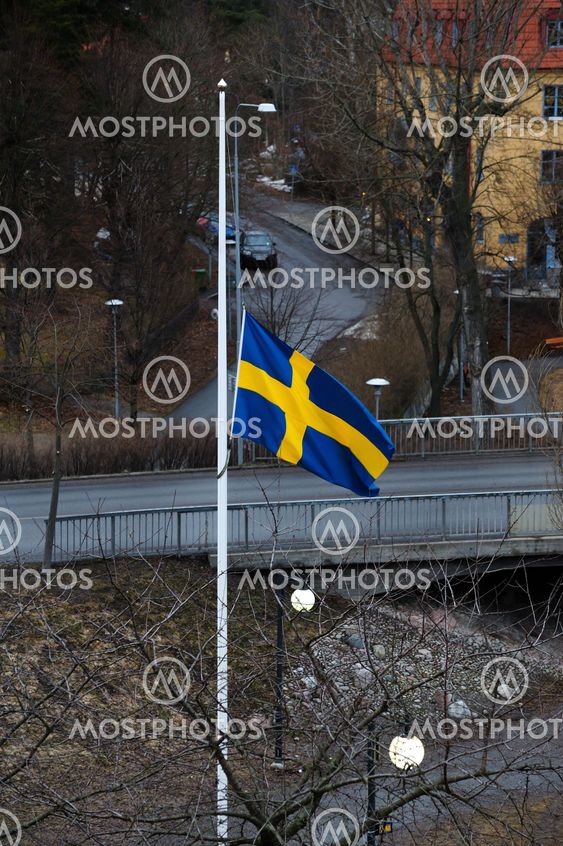 Swedish flag at half mast.