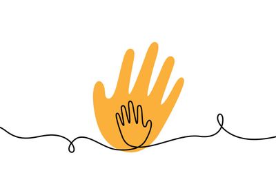 Child hand in parent hand one line illustration