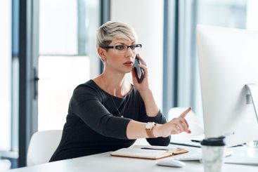 Phone call, pointing and business woman on computer for...