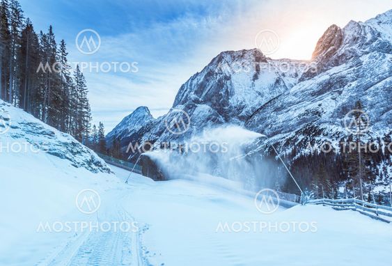 Mountain winter with snow cannons