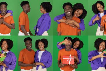 Diverse couple celebrating love and joy in a colorful...