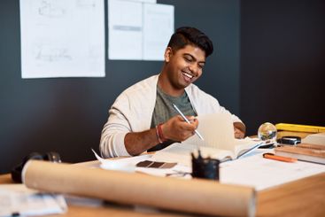 Business, man and check notebook in office of...