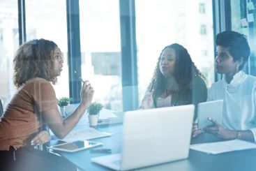 Creative, business women and meeting for ideas, event...