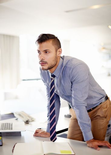 Thinking, notebook and idea with business man in office...