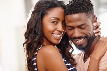 Black couple, touch and home for woman portrait, closeup...