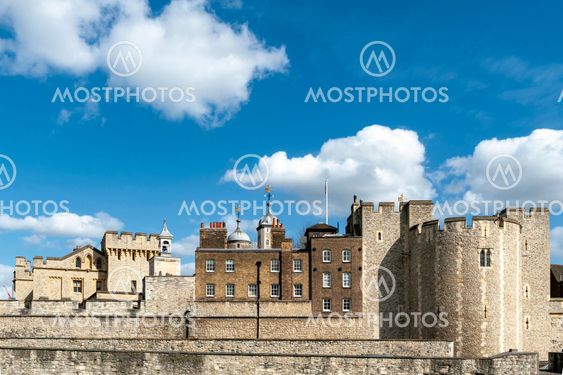 London, UK - April 2018: Exterior view of Her Majesty's Royal Palace and Fortress of the Tower of London, a historic castle and popular tourist attraction located on the north bank of the River Thames in central London, England