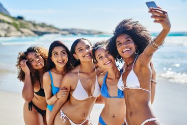 Holiday, bikini and friends with selfie by beach for...