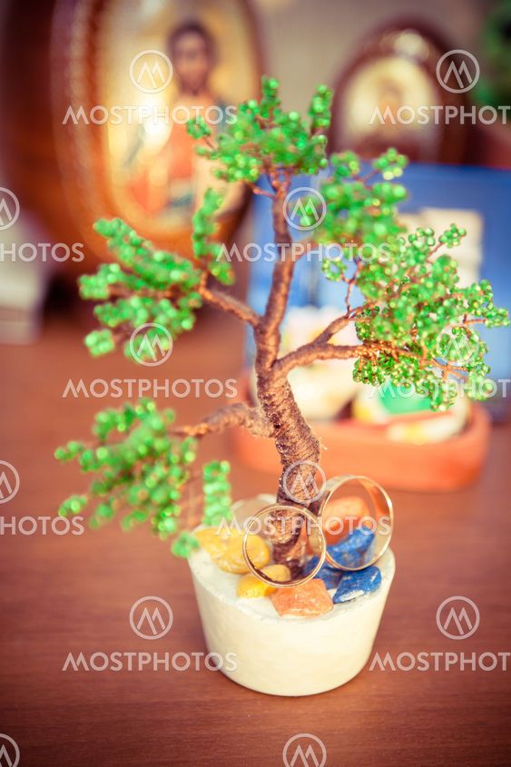 Beautiful wedding rings on handmade tree