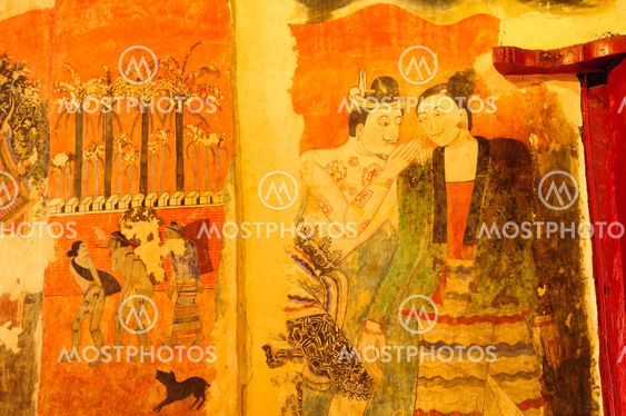 thai tradition painting at the wall, Ancient Temple in thailand