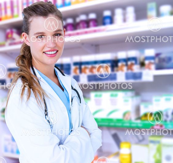 Composite image of doctor smiling to camera with arms crossed
