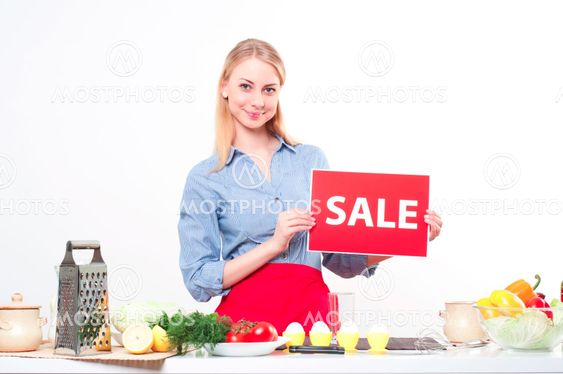 portrait of a young woman, hold sale mark