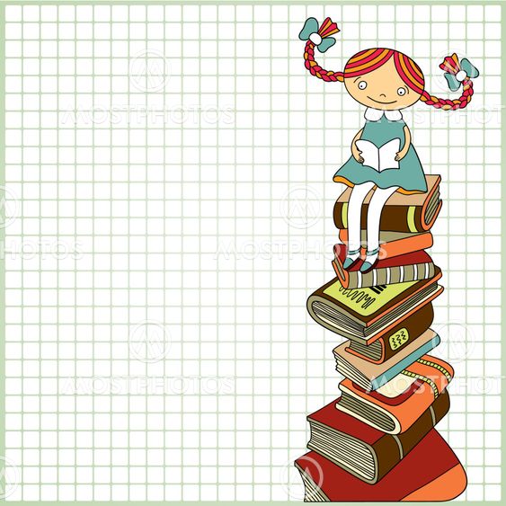 schoolgirl sitting on the heap of books and reading