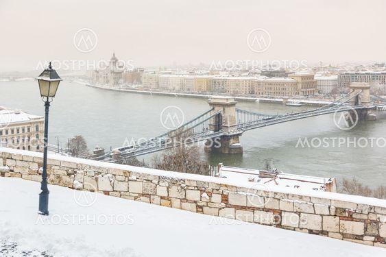 Winter snowy panoramic view of Budapest