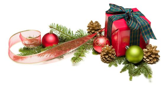 Christmas Present with Ribbon, Pine Cones and Ornaments