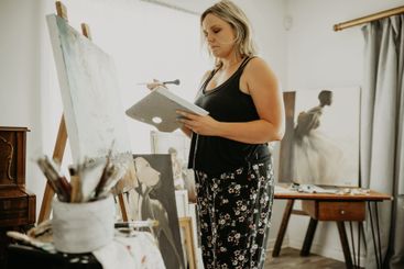 Home art, palette and woman painting creative sketch,...