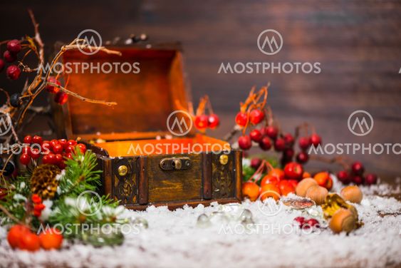 Christmas winter fairy with opened chest, cones, berries, fir tree and snow, closeup. Background of mystery gift New Year
