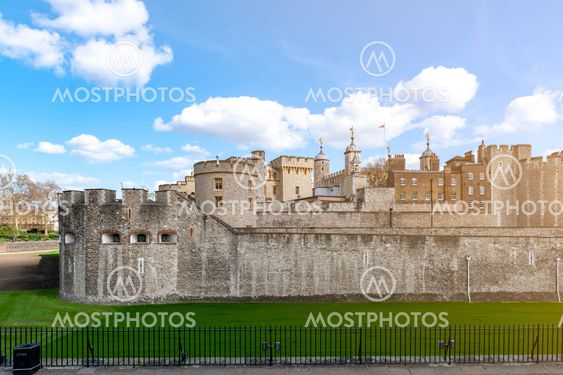 London, UK - April 2018: Exterior view of Her Majesty's Royal Palace and Fortress of the Tower of London, a historic castle and popular tourist attraction located on the north bank of the River Thames in central London, England