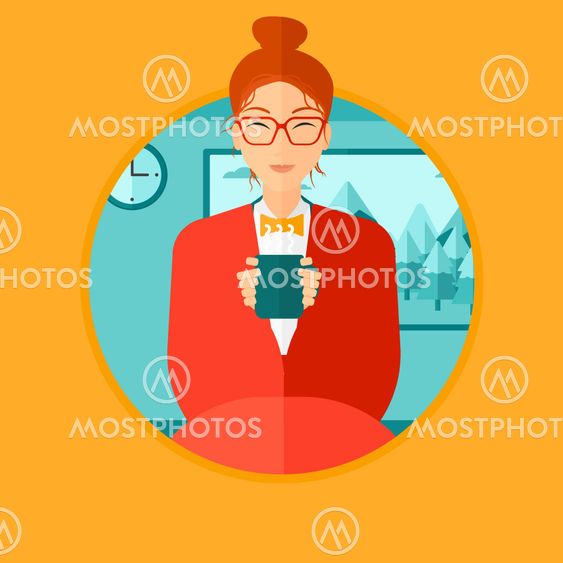 Woman drinking coffee or tea.
