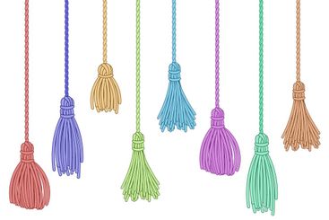 Tassel trim. Fabric curtain tassels, fringe bunch on...