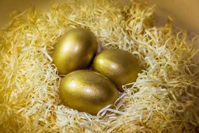Nest of Easter eggs in golden tones