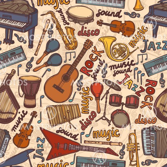 Musical instruments sketch seamless pattern