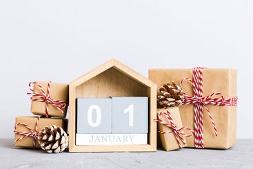 1 january. Christmas composition on colored background...