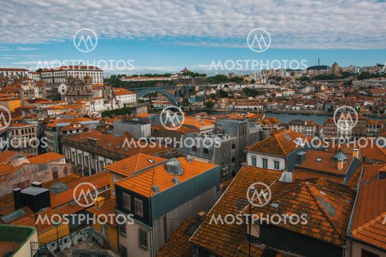 Bird's-eye view old downtown of Porto, Douro river and...