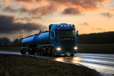 Blue Scania Tanker Truck Trucking at Dusk