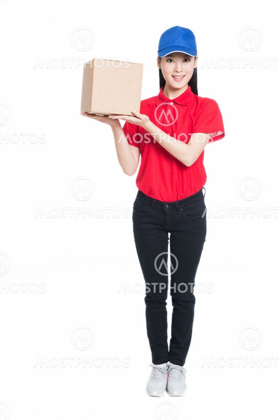 delivery woman carrying cardboard box
