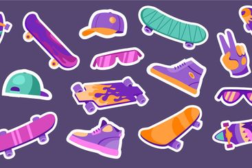 Skateboard badges. Street sport labels with skull and...